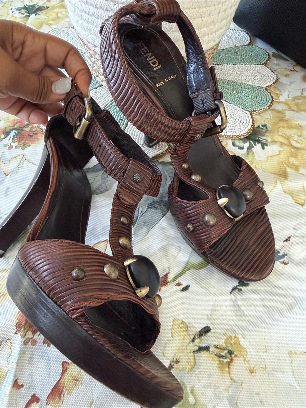 Fendi Brown Braided Leather Studded Heeled Sandals
